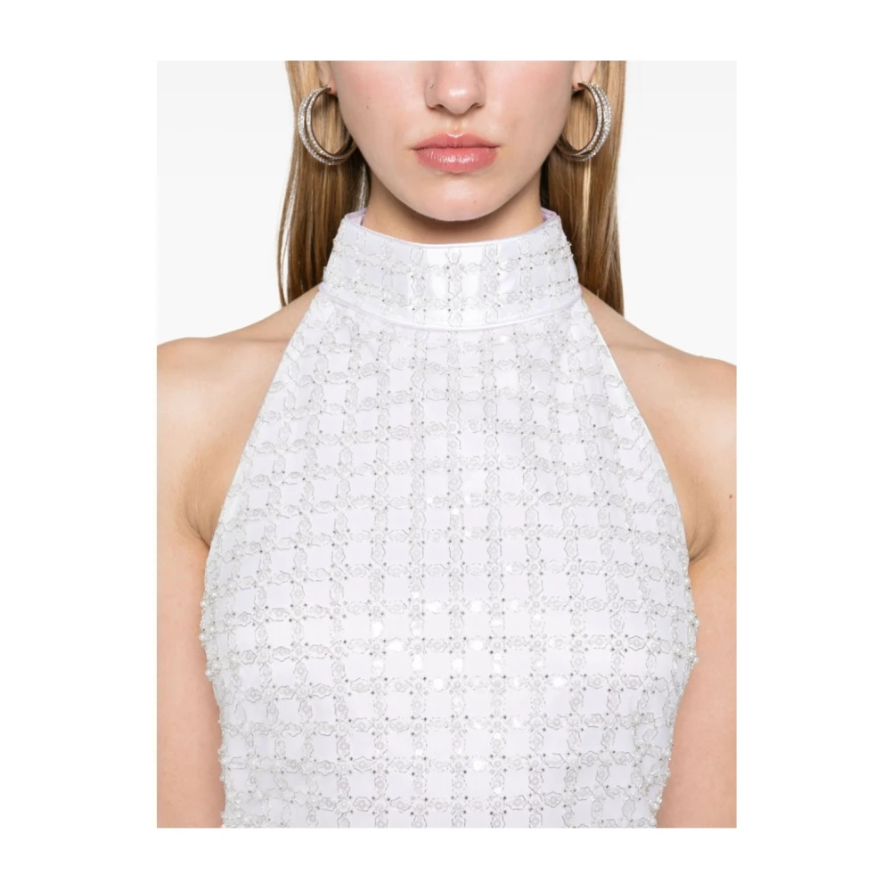 Rotate Birger Christensen Beaded Halterneck Jurk Korte Mouw White Dames