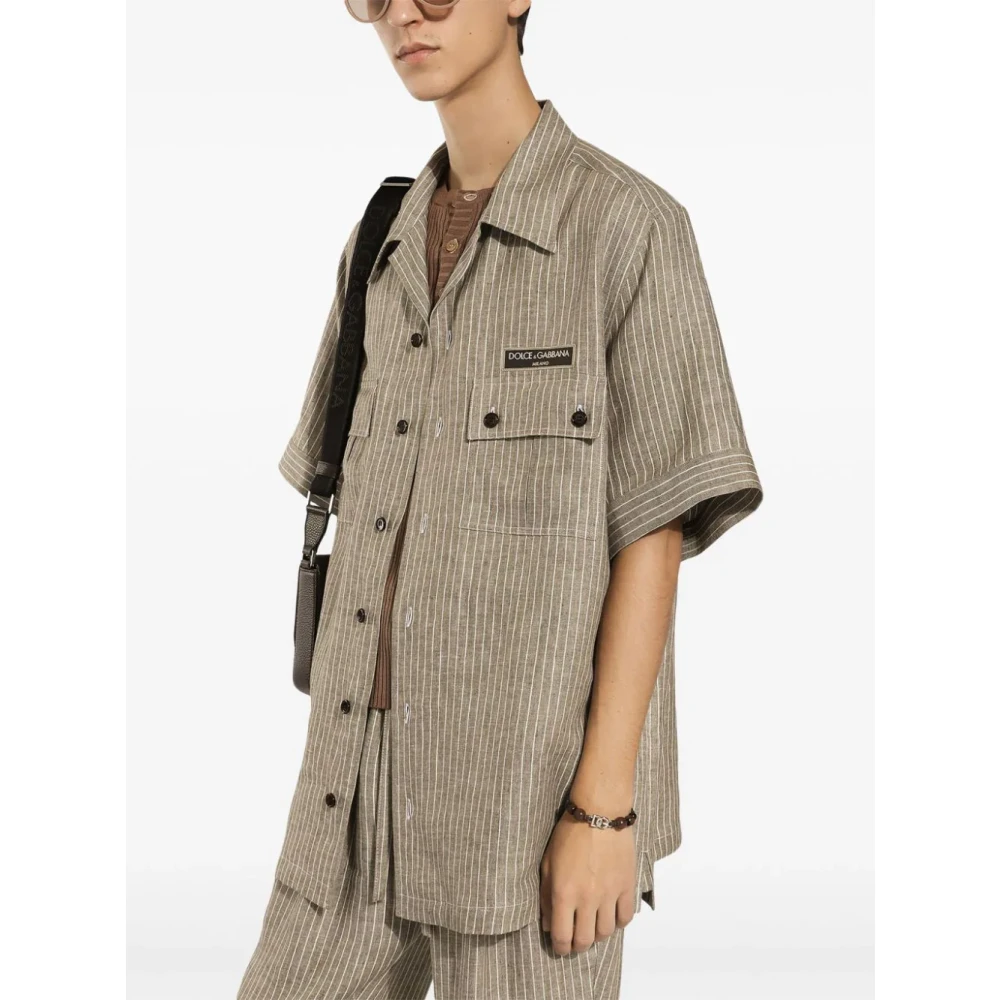 Dolce & Gabbana Gestreept Linnen Hawaii Fit Overhemd Beige Heren