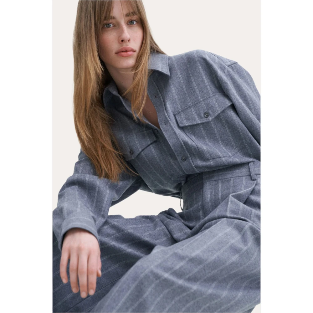 Filippa K Blauw Gestreepte Wijde Geplooide Broek Blue Dames