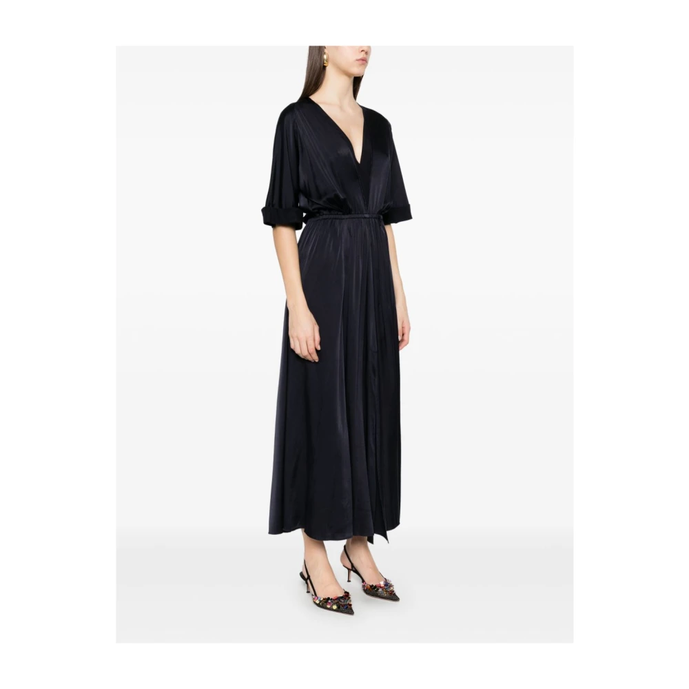 Forte Blauwe V-hals Jurk met Elastische Tailleband Blue Dames