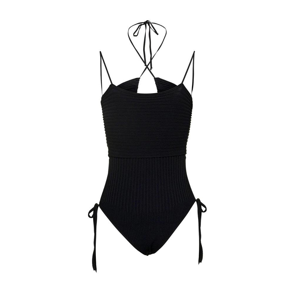 Andrea Adamo Zwarte Geribbelde Halterneck Bodysuit Black Dames