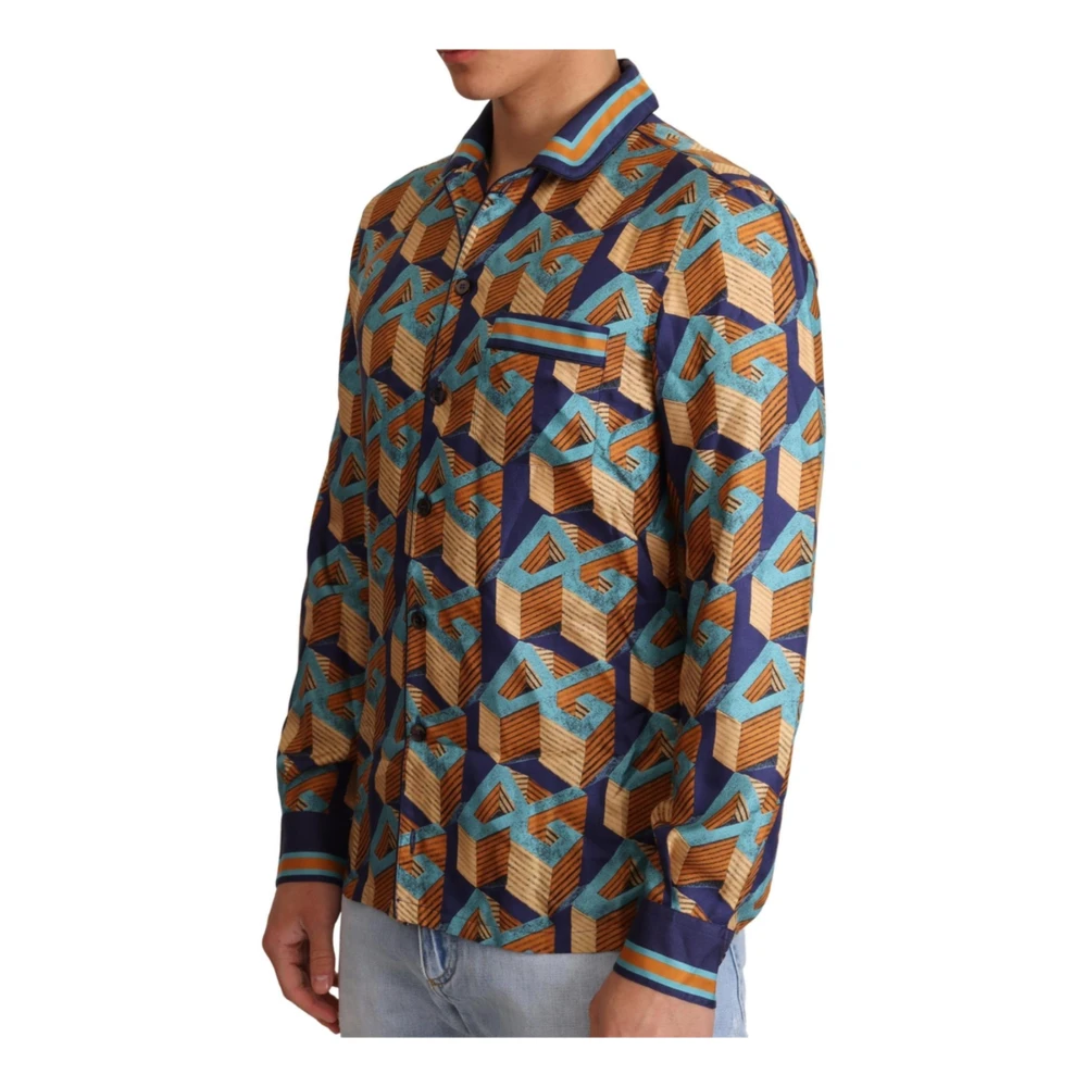 Dolce & Gabbana Men's Multicolor Casual Shirts, Xs, Stunning Blue Silk Shirt With Gold Logo