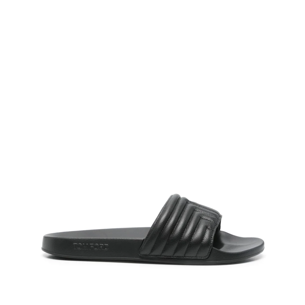 Tom Ford Men's Black Embossed Logo Leather Sandals - Sliders - 6 Uk - Shoes