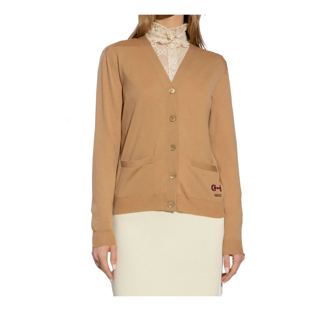 Gucci Wollen Cardigan met Logo en Horsebit Borduursel Brown Dames