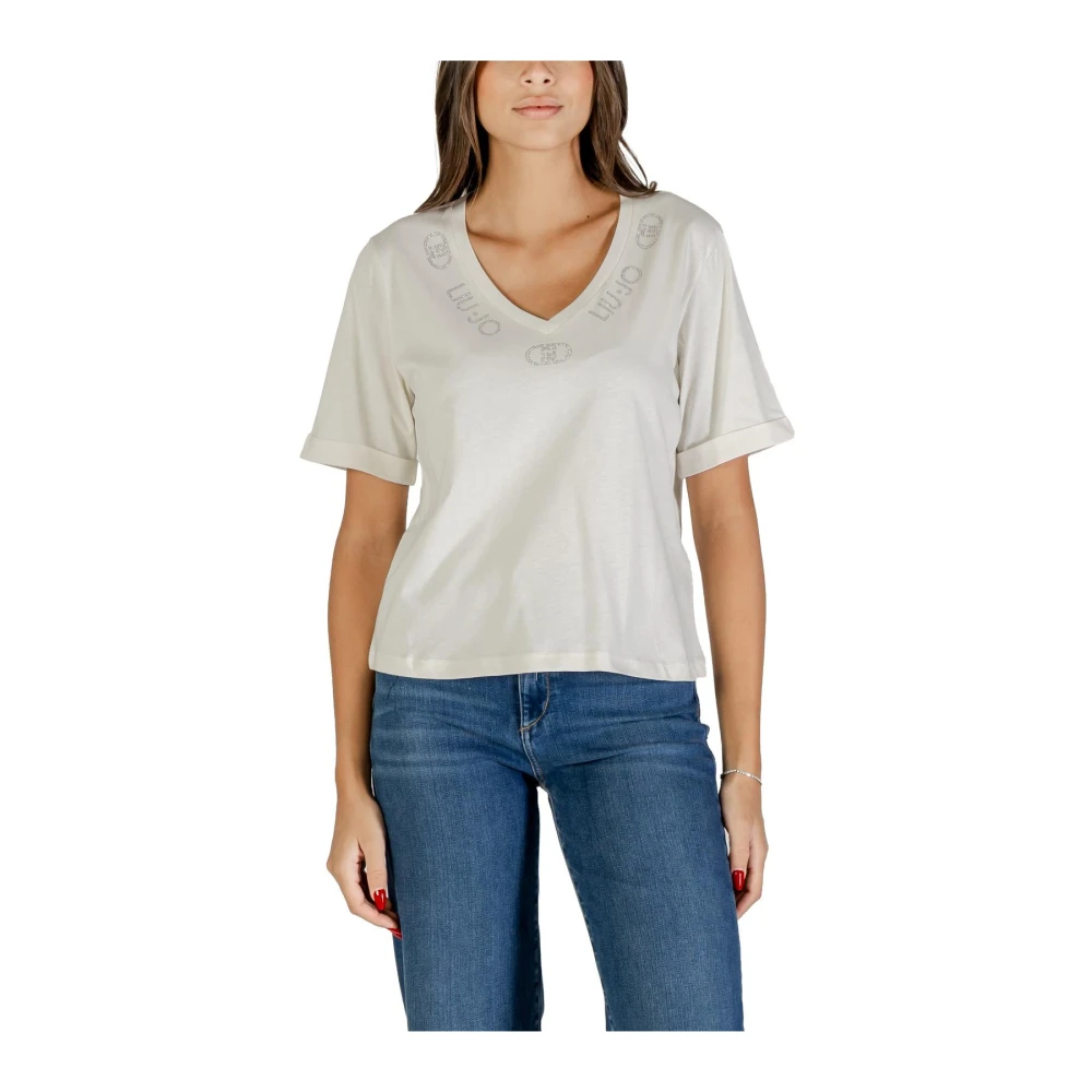 Liu Jo Women's White V-Neck Rhinestone Embellished Cotton T-Shirt