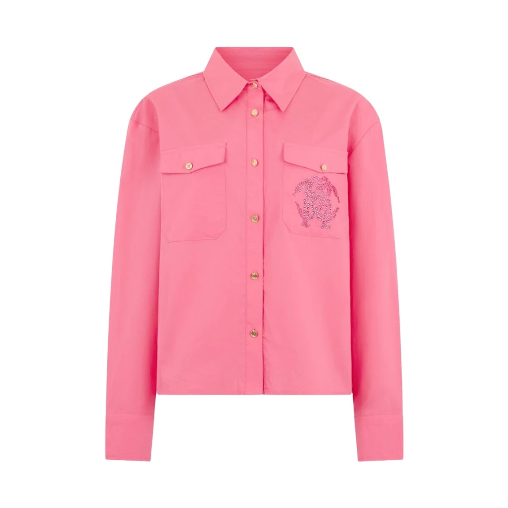 Roberto Cavalli Shirt With Rhinestone Jewel Logo - Female - Shirts - Pink - Xl - Blouses & Shirts