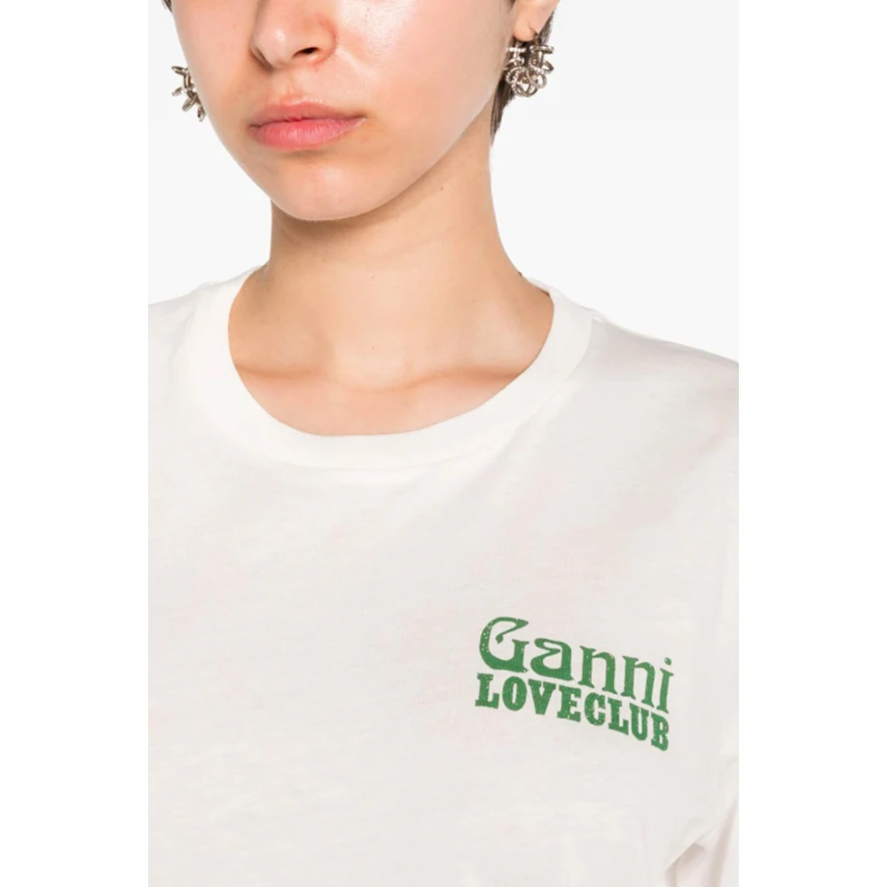 Ganni Wit Katoen Logo Print Crew Neck T-shirt White Dames