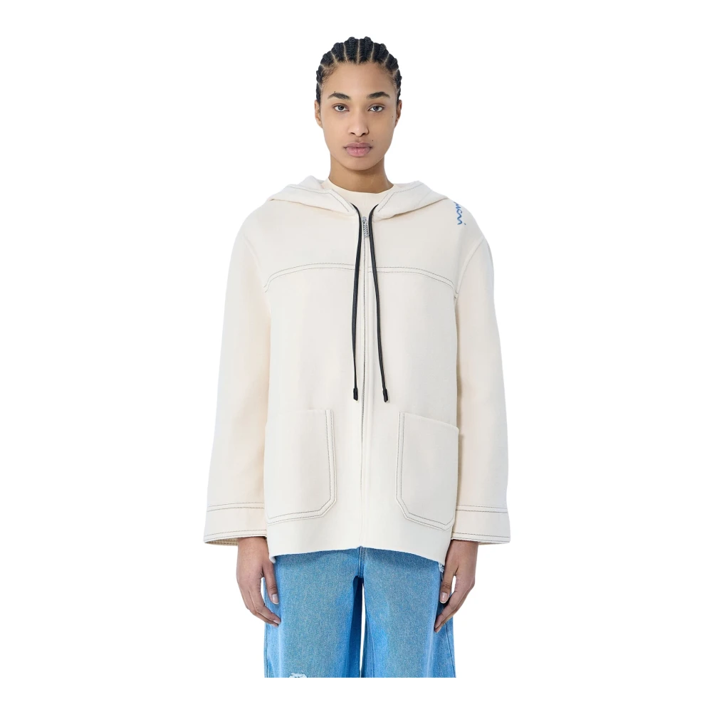 Marni Kasjmier Wol Hoodie Jas Geborduurde Zakken Beige Dames