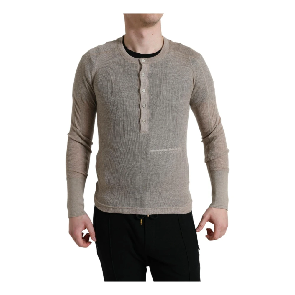 Dolce & Gabbana Men's Beige Round-Neck Knitwear, S, Henley Cashmere Jumper