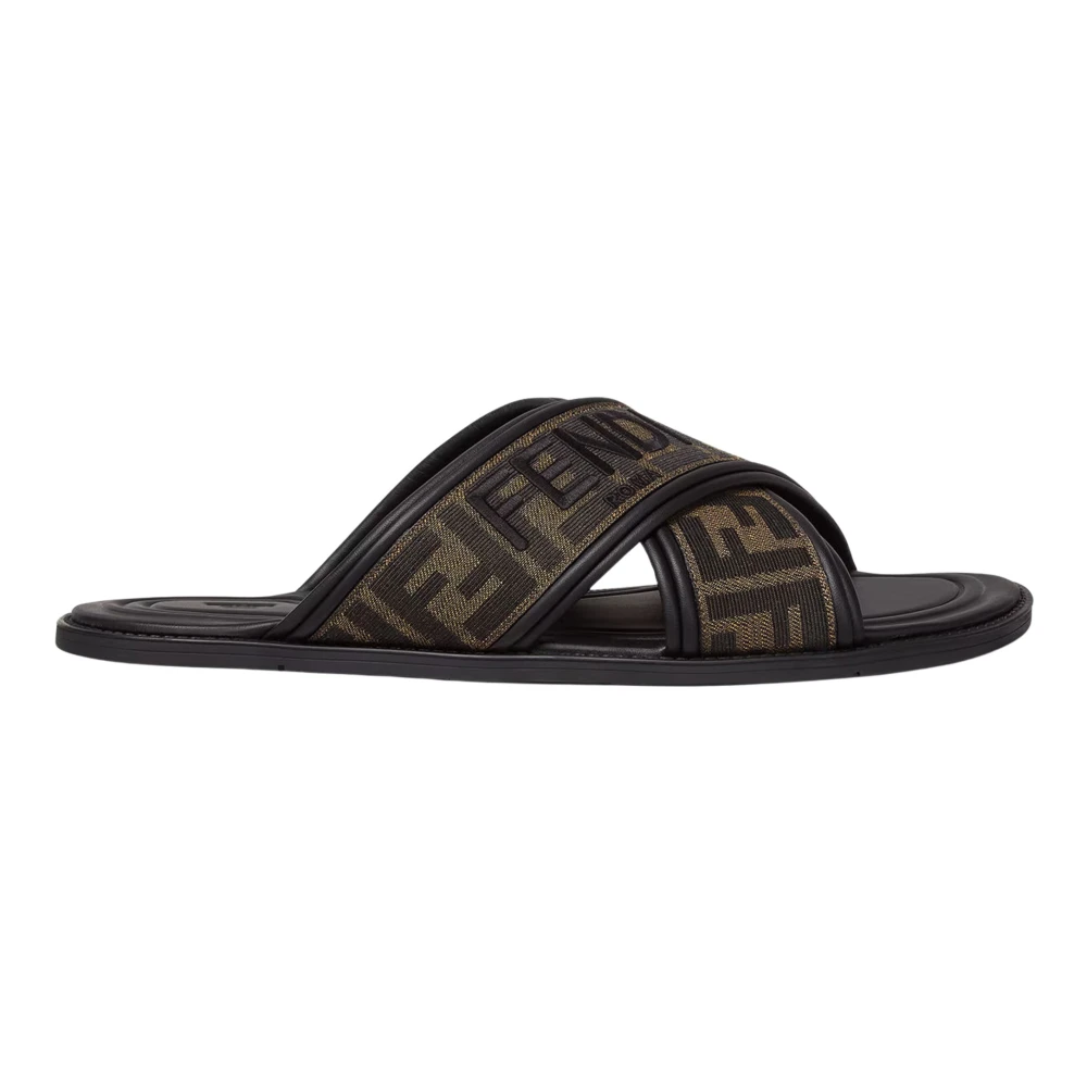 Fendi Men's Black Sliders, 5 Uk, Crisscross Sandals With Ff Motif