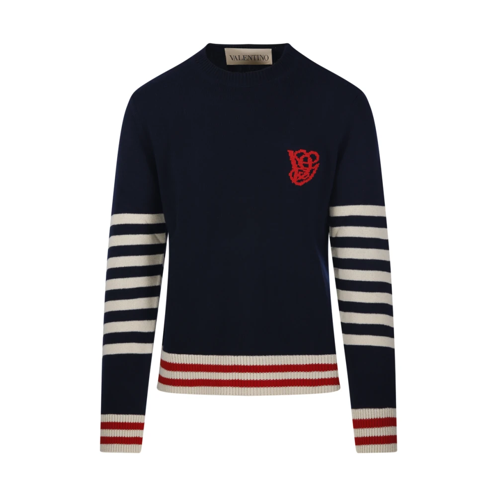 Valentino Men's Blue Round-Neck Knitwear, M, Wool Jumper With Vg Embroidery