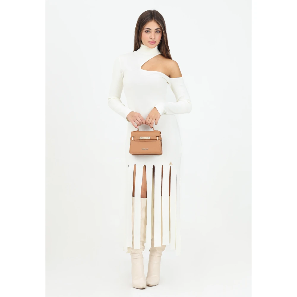 Akep Crème Gebreide Midi Jurk met Schouder Cut Out en Franje Detail Beige Dames