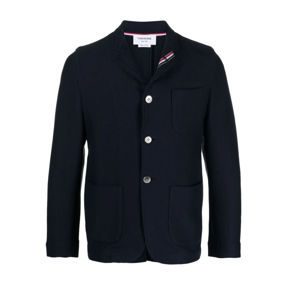 Thom Browne Blauwe Gebreide Jas met RWB Streep Blue Heren