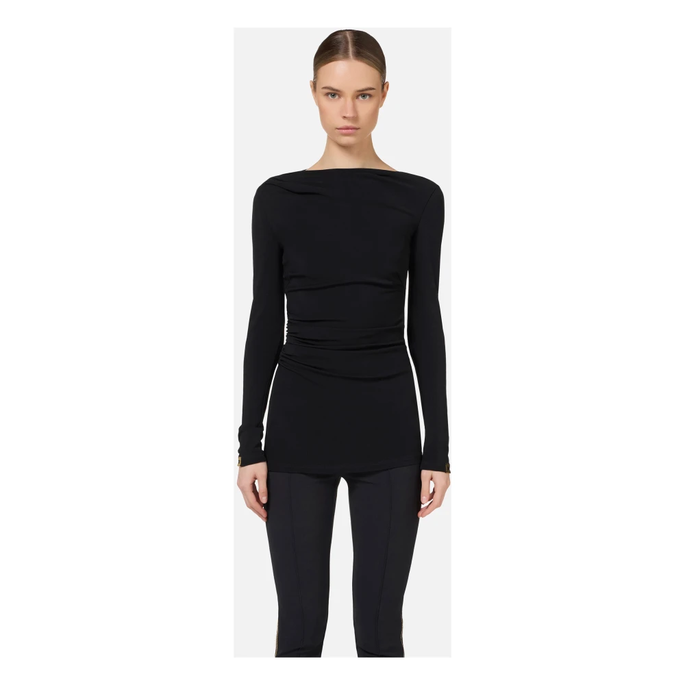 Elisabetta Franchi Zwarte Gedrapeerde Jersey Sweater met Metalen Logo Black Dames