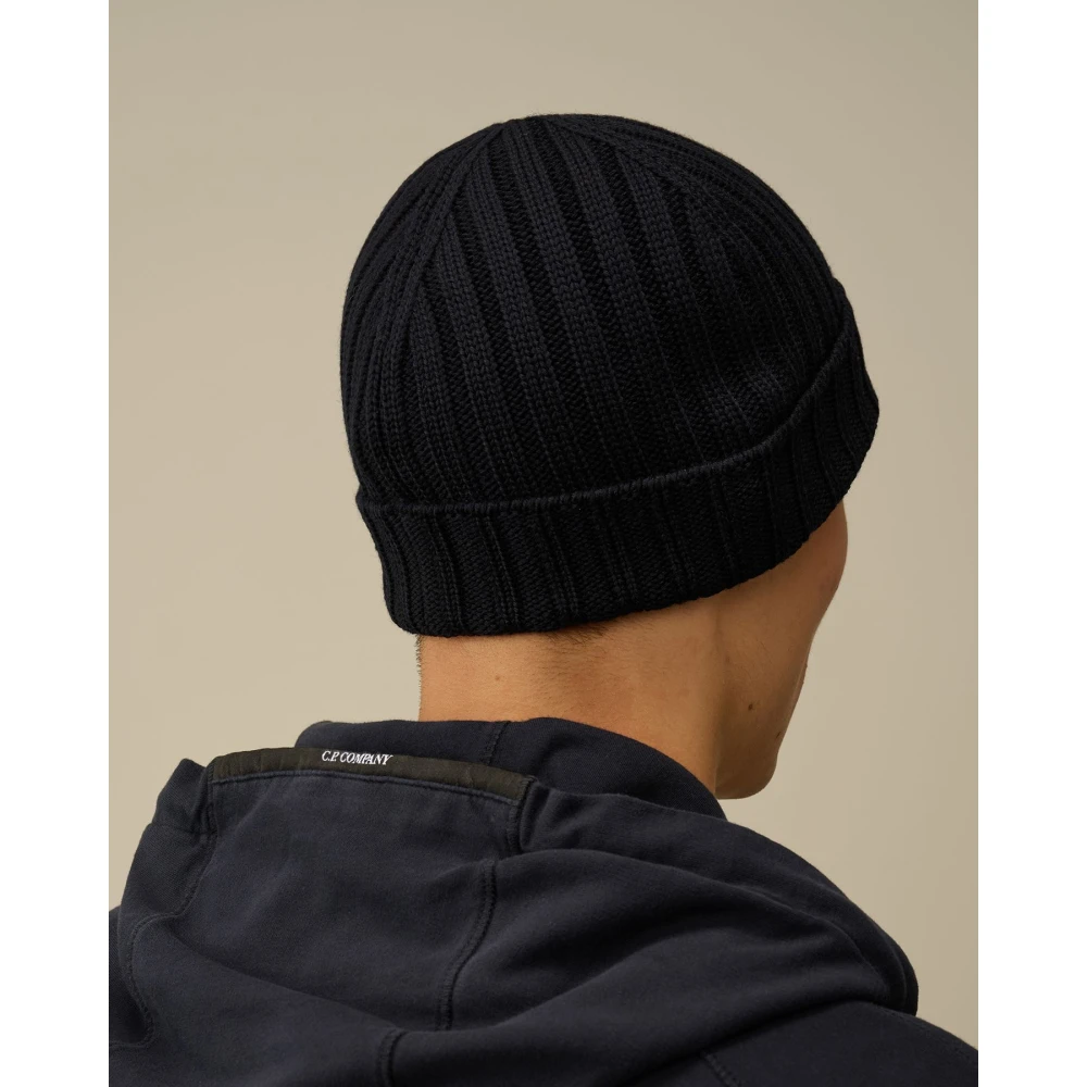 C.P. Company Blauwe Merinowol Logo Beanie Blue Heren