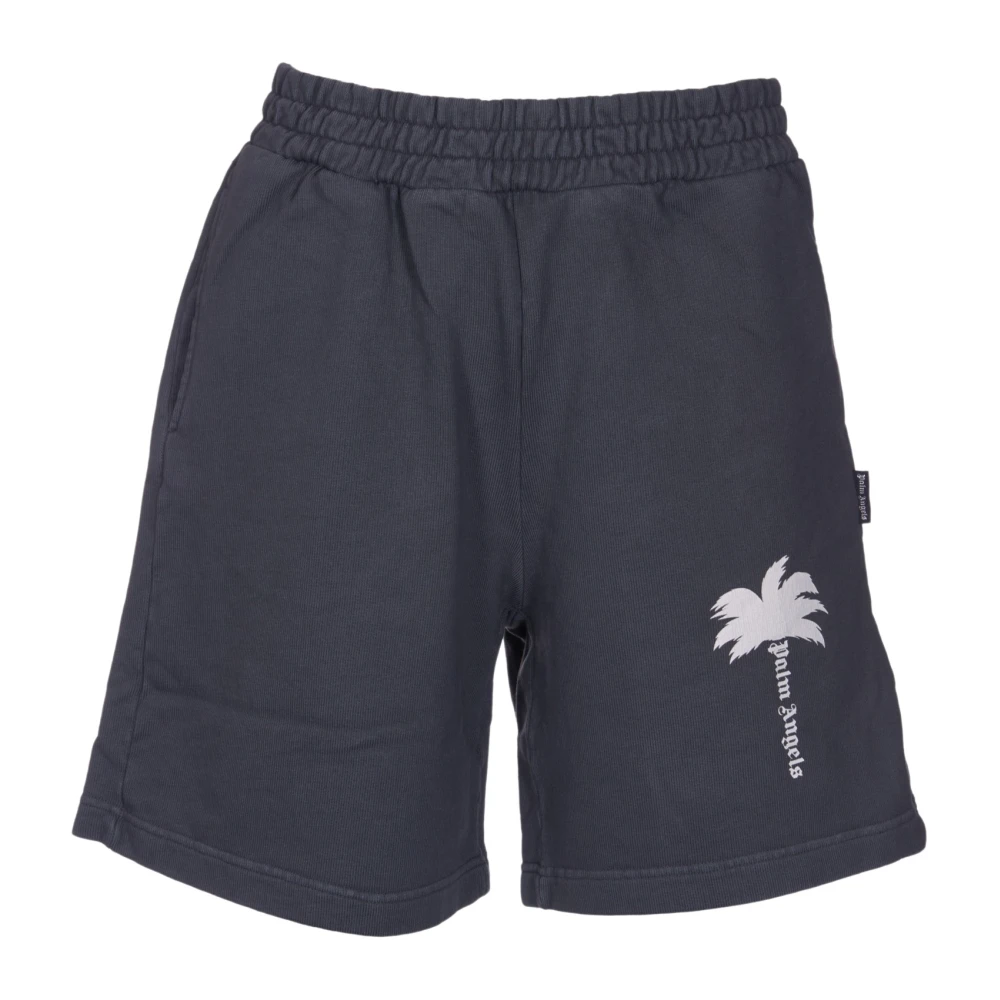 Palm Angels Grijze Logo Bermuda Shorts Elastische Taille Gray Heren