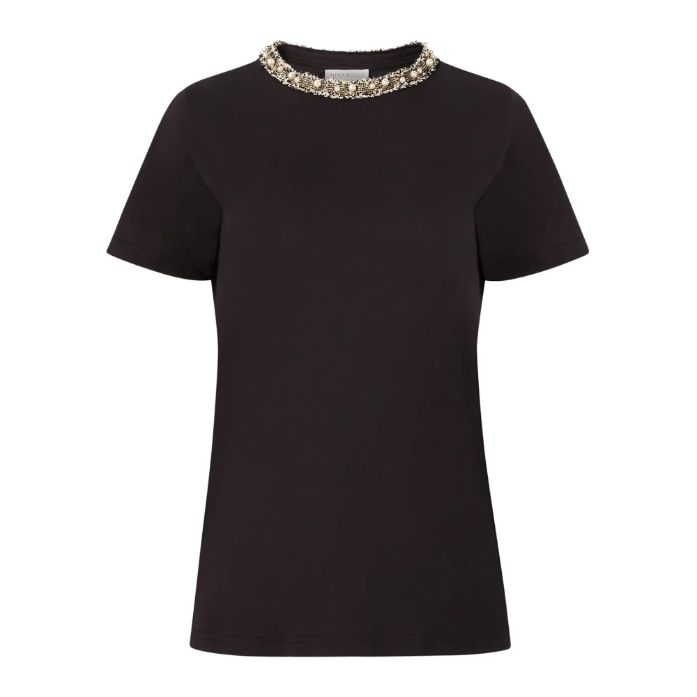 Nina Ricci Zwart Beaded Neckline T-Shirt Black Dames