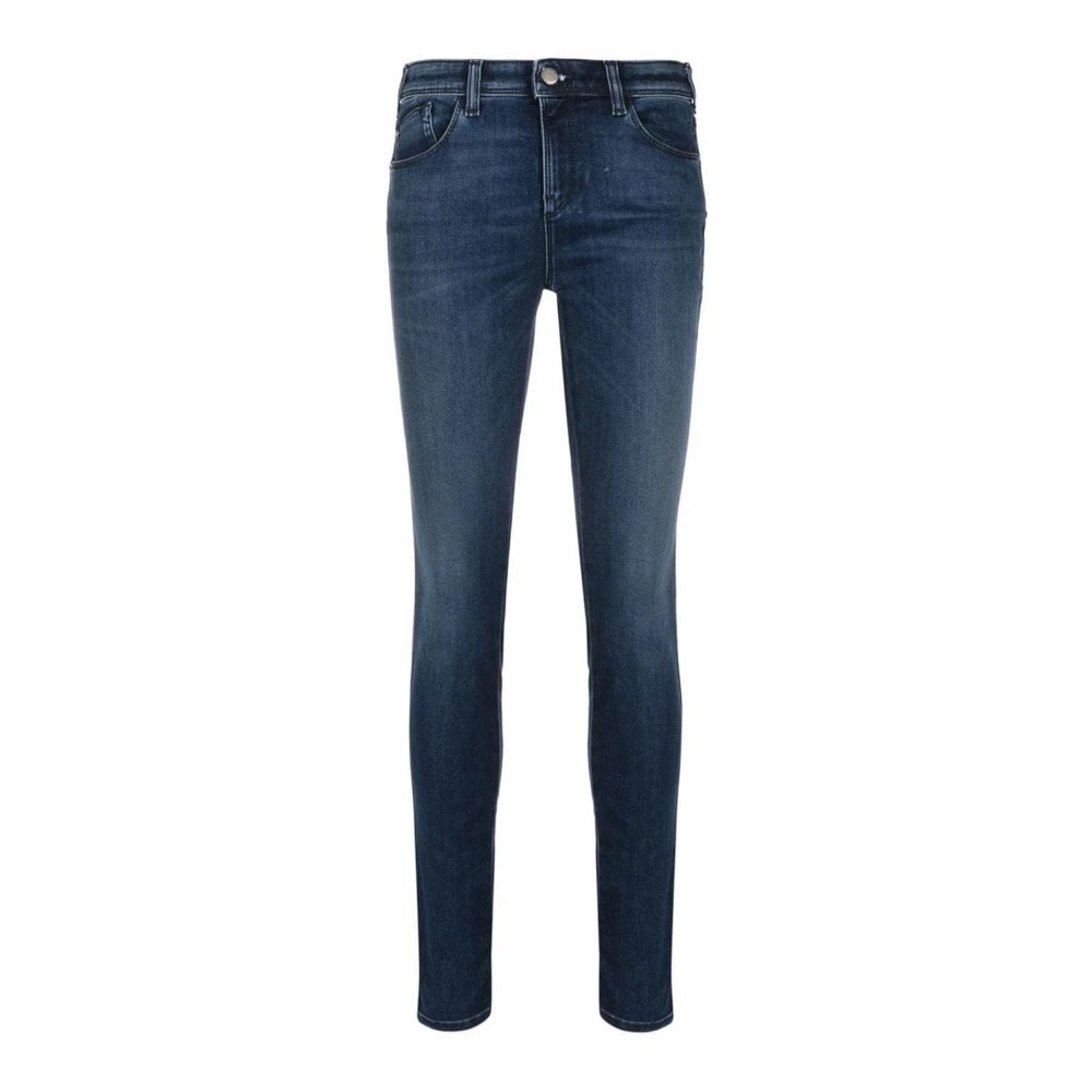 Emporio Armani Skinny Fit Denim Jeans met Leren Logo Blue Dames