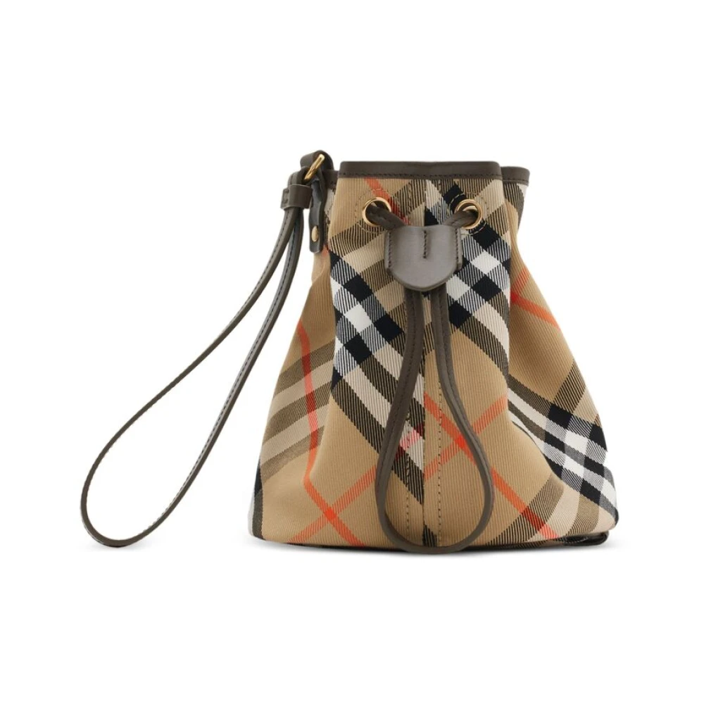 Burberry Vintage Check Canvas Leer Trekkoord Tas Beige Dames