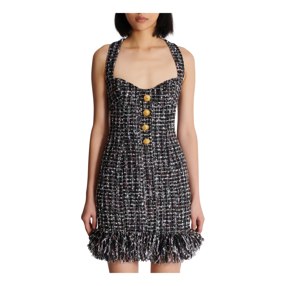 Balmain Korte tweedjurk met knopen Black Dames