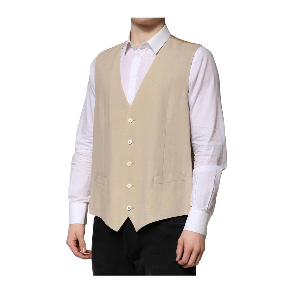 Dolce & Gabbana Beige Linen Dress Formal Men Waistcoat Vest - IT50 | L - Image 2
