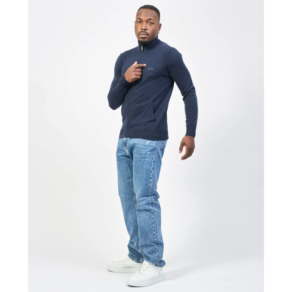 Guess Blauwe Geborduurde Sweater Fullzip Blue Heren