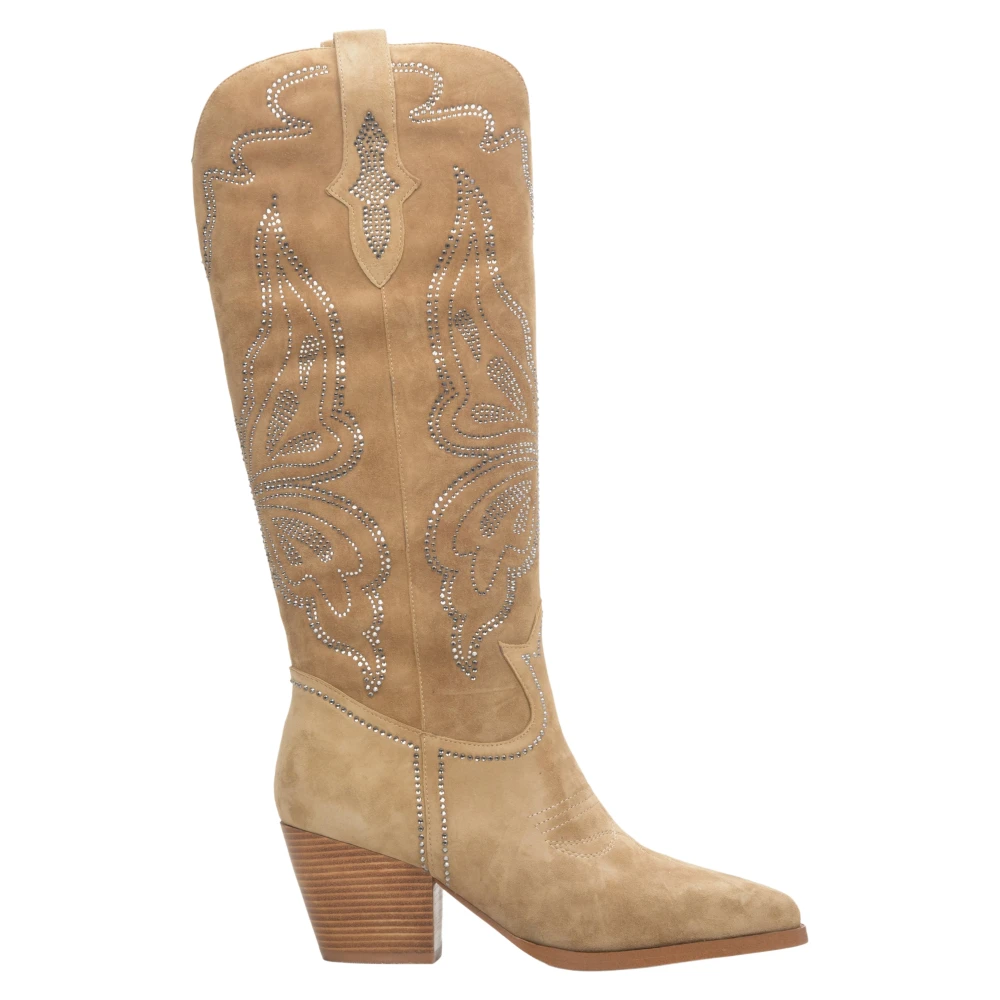 Kvinner Beige Velour Cowboy Støvler med Broderi Er00113887