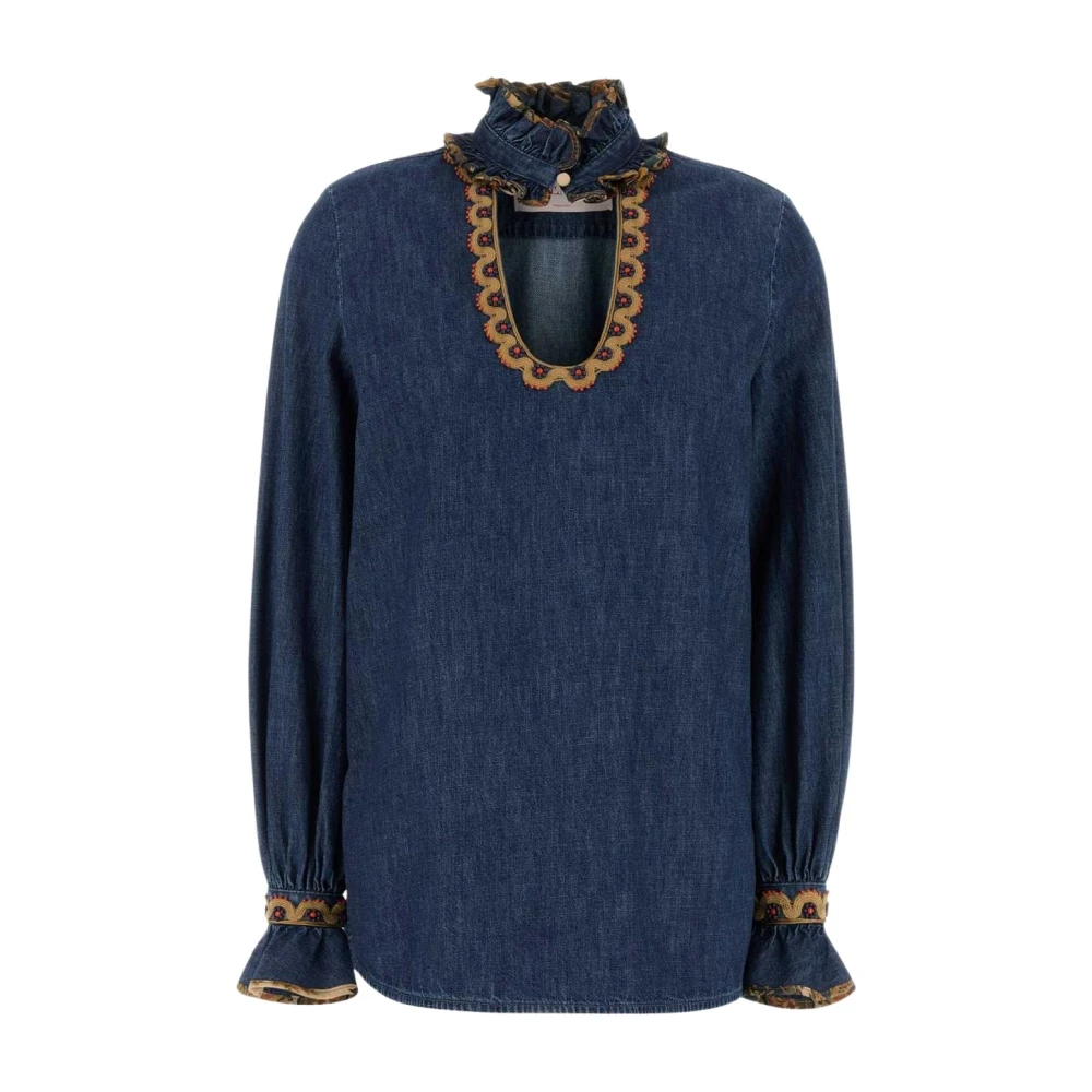 Valentino Garavani Women's Blue Blouses, Xs, Embroidered Chambray Denim Top