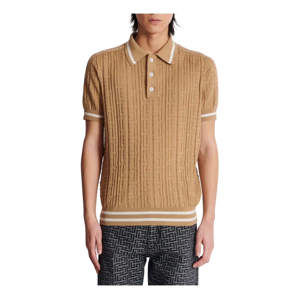 Balmain PB Labyrinth Wollen Poloshirt Beige Heren