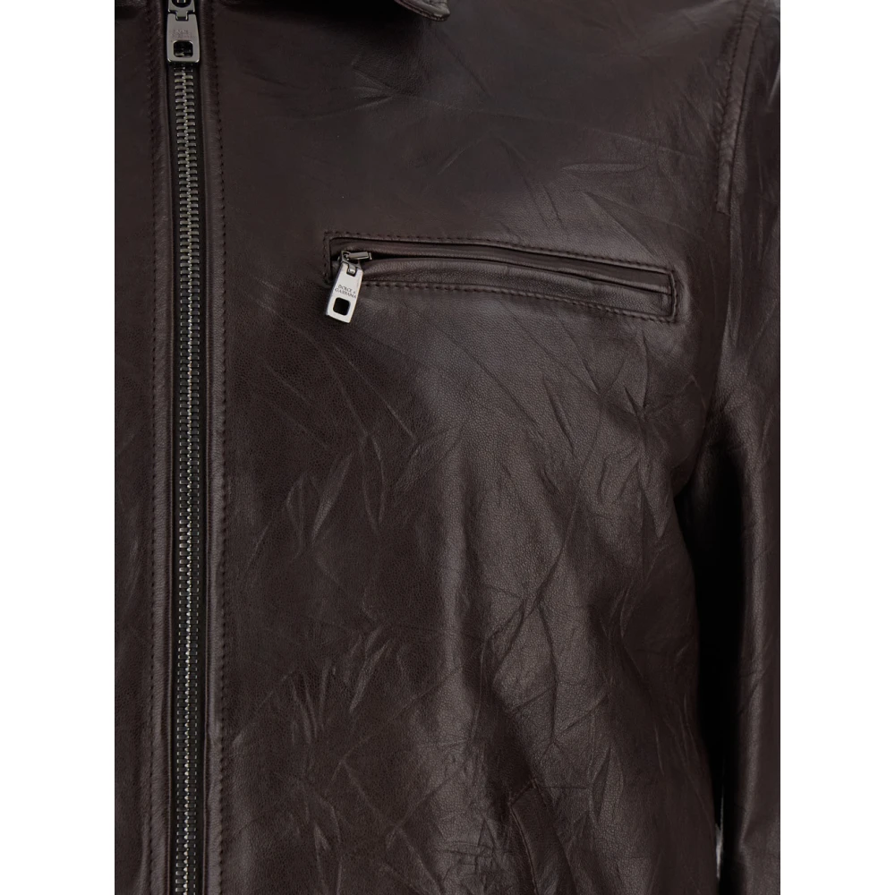 Dolce & Gabbana Bruine Leren Jas Klassieke Kraag Brown Heren