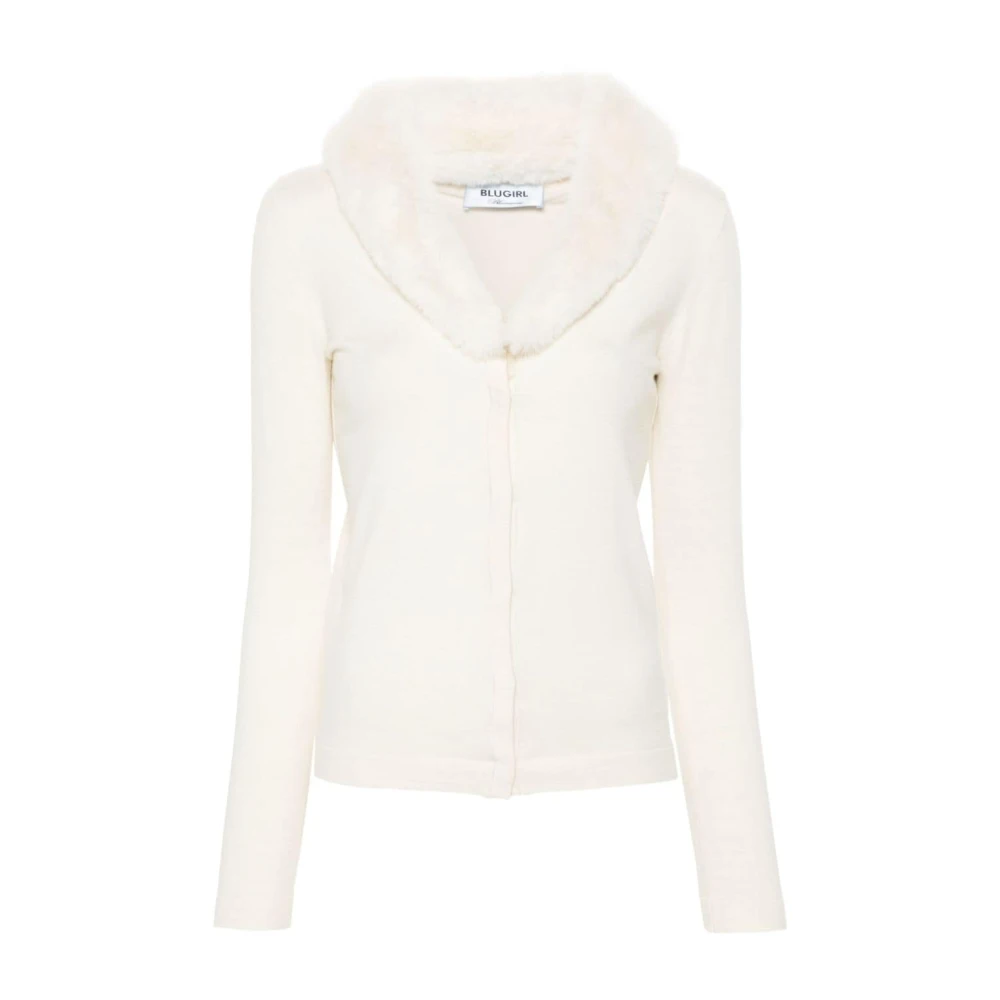 Blugirl Beige Stickad Cardigan med Faux-Fur Krage White, Dam