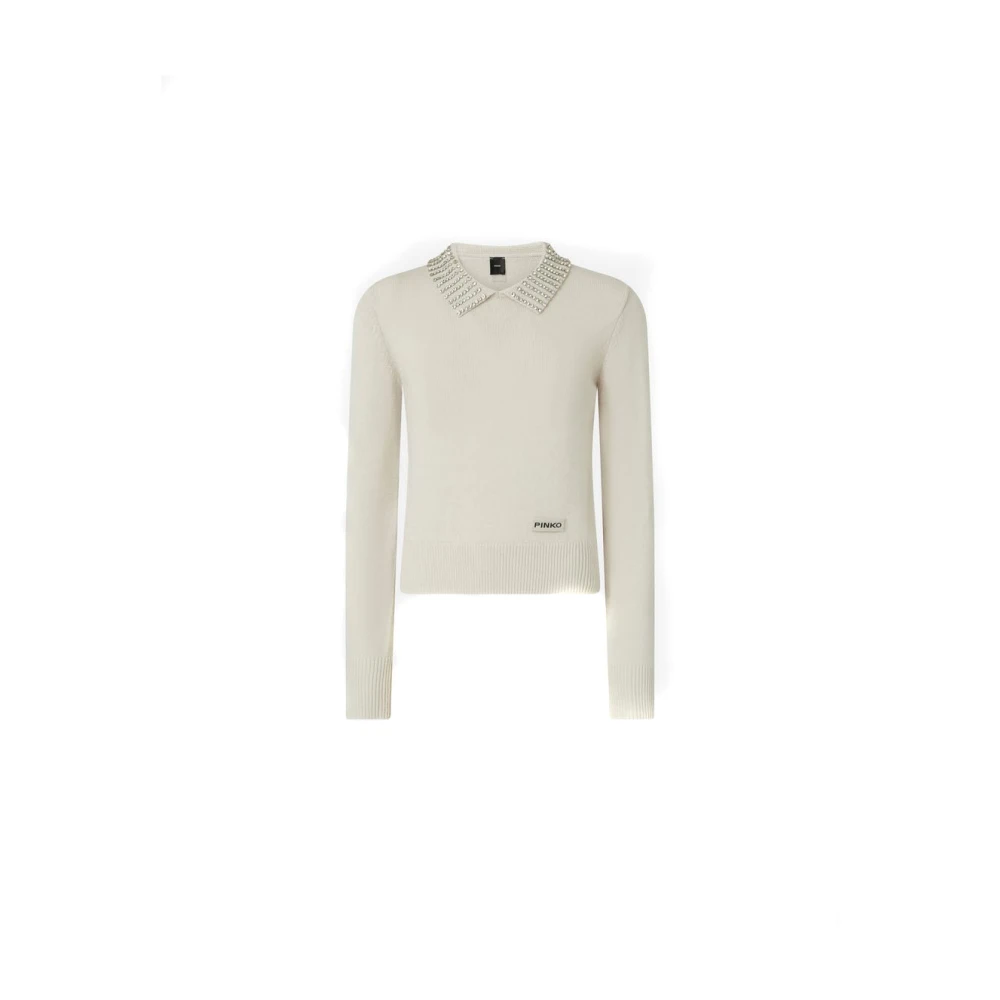 Pinko Women's Gray Round-Neck Knitwear, L, Jumper With Collar And Rhinestones