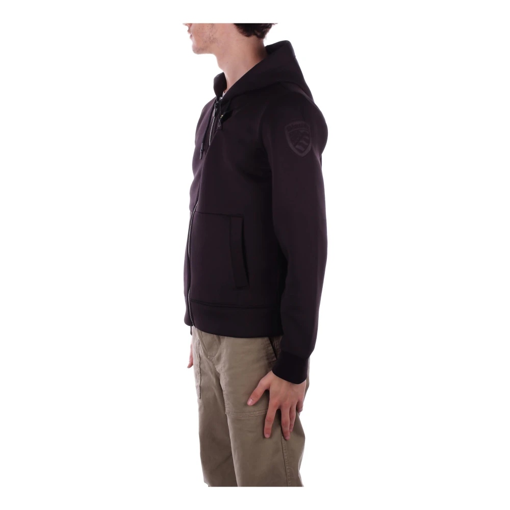 Blauer Hooded Jas Zwart Logo Rits Zakken Black Heren