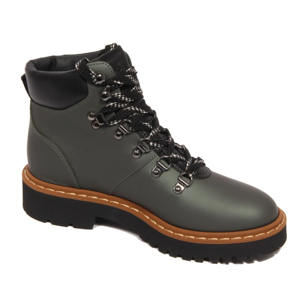 Hogan Women's Green Lace-Up Boots, 4 Uk, Leather Ankle Boots With Memory Foam Technology