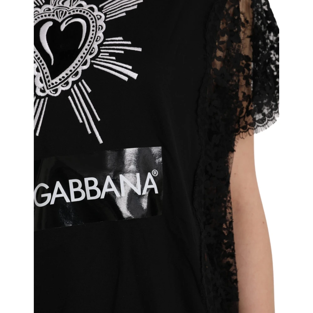 Dolce & Gabbana Zwart kanten T-shirt met Heilig Hart-print Black Dames