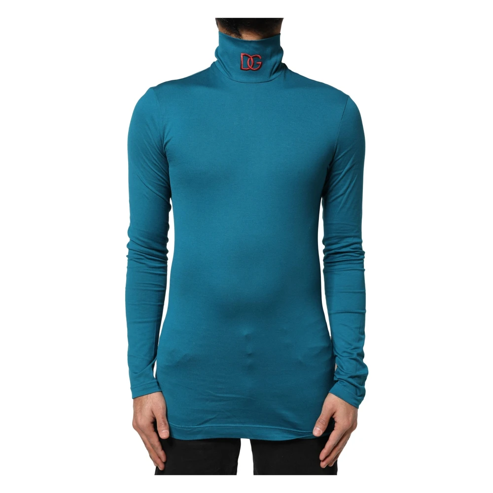 Dolce & Gabbana , Long Sleeve T-Shirts, Male, Blue, Xs, Blue Cotton Turtleneck Long Sleeves Jumper