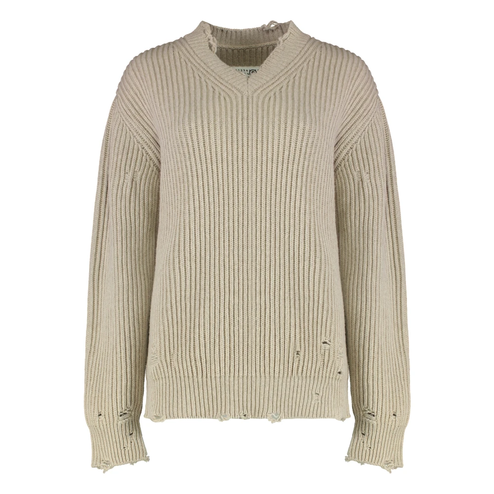 Mm6 Maison Margiela Women's Beige V-Neck Knitwear, L, Wool Blend Jumper
