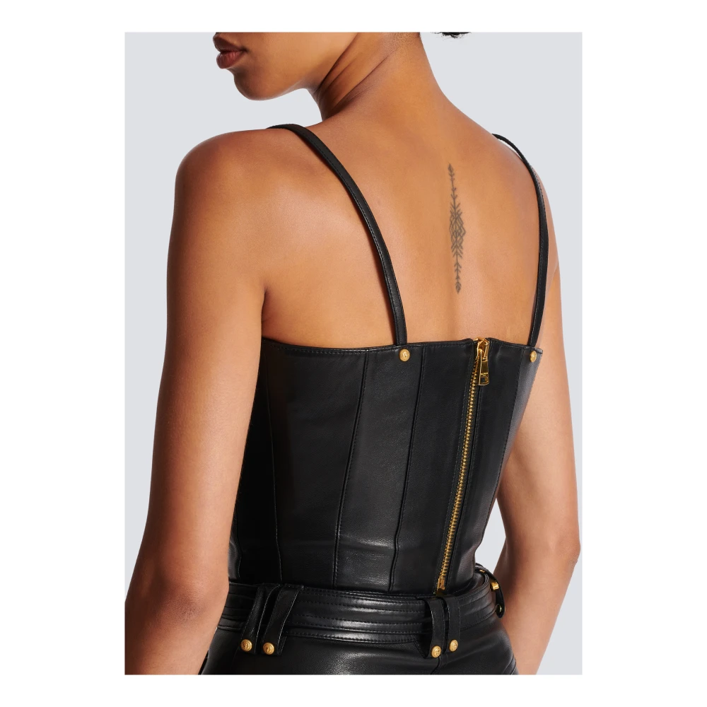 Balmain Leren top met spaghettibandjes Black Dames