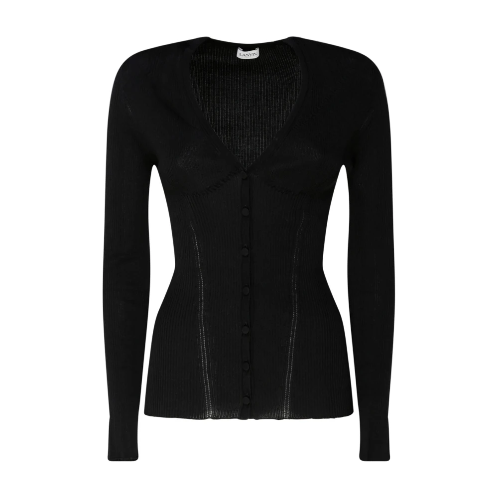 Lanvin Donna Nero - Cardigan In Seta A Coste Con Scollo A V - Knitwear - L