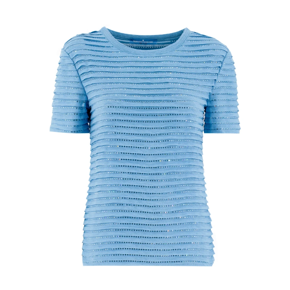 Ermanno Scervino Gebreide T-shirt met Kristallen Blue Dames