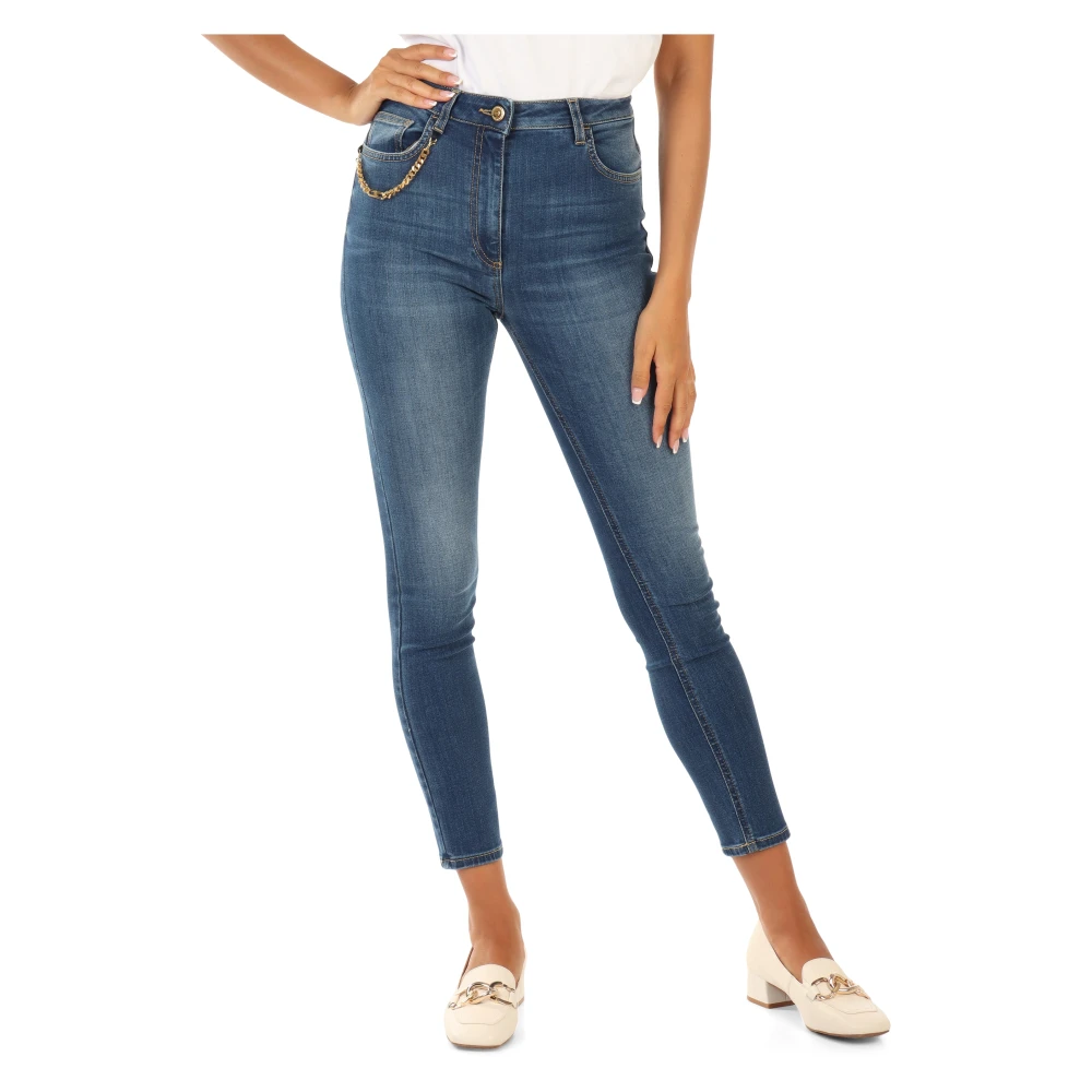 Elisabetta Franchi Skinny Fit Denim Jeans met Verwijderbare Logo Ketting Blue Dames