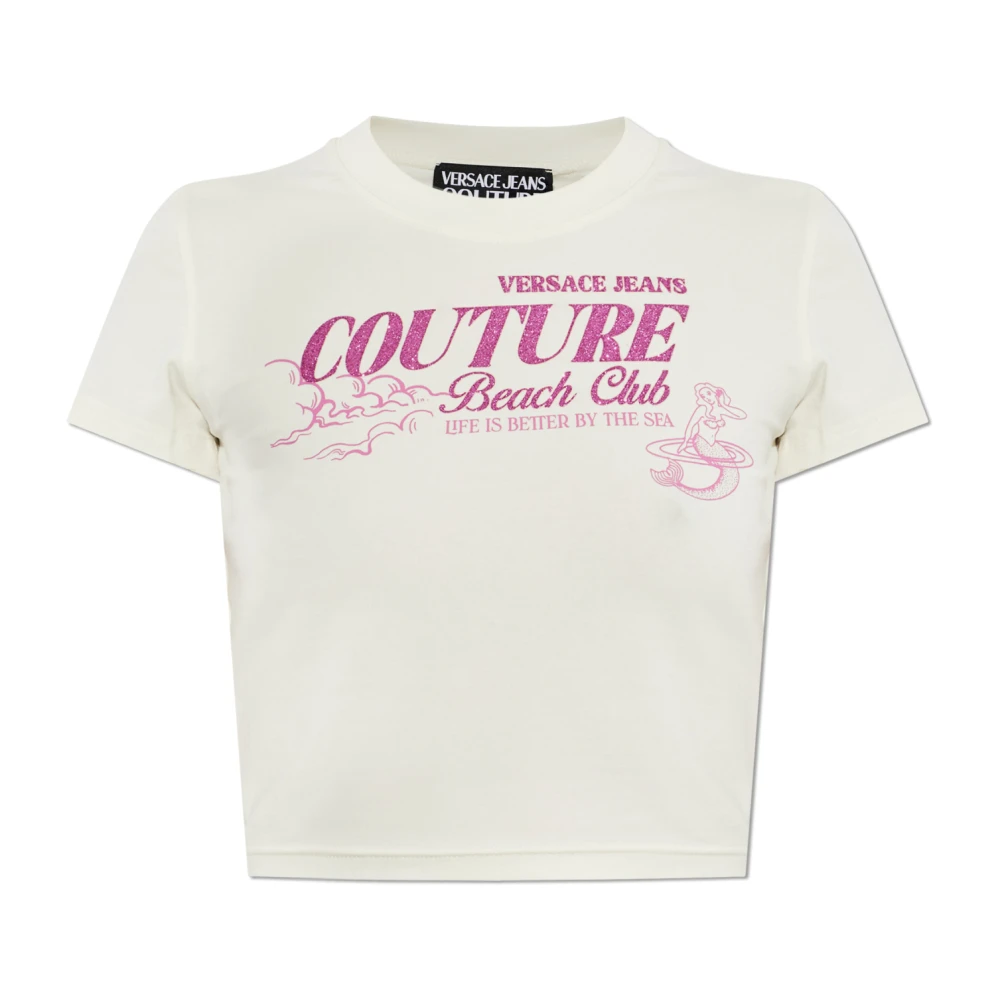 Versace Jeans Couture - Camiseta De Algodón Con Aplicaciones Estampadas - Tops - Mujer - Beige - L