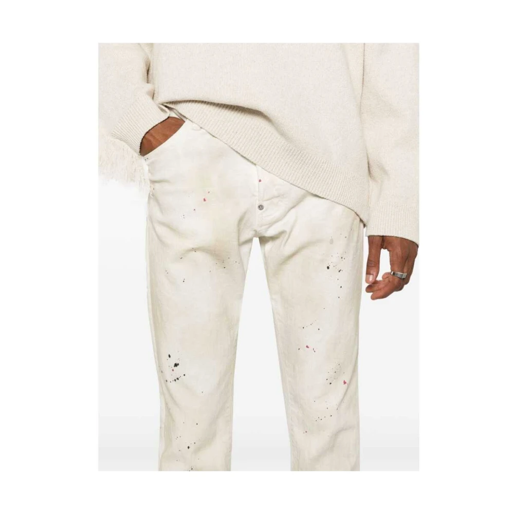 Dsquared2 Beige Versleten Denim Verfspat Jeans White Heren