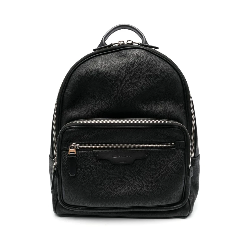 Santoni Rugzak van generfd leer met logopatch Black Heren