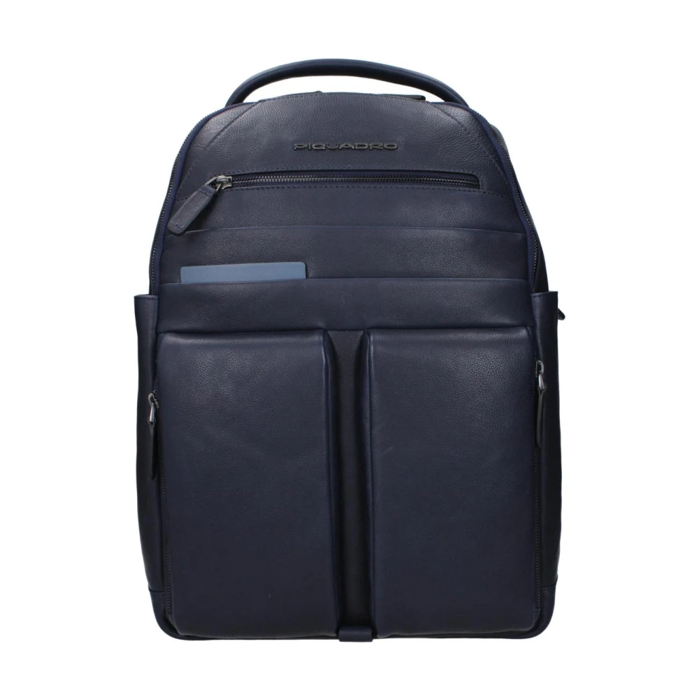 Piquadro Men's Blue Leather Backpack With Multiple Compartts