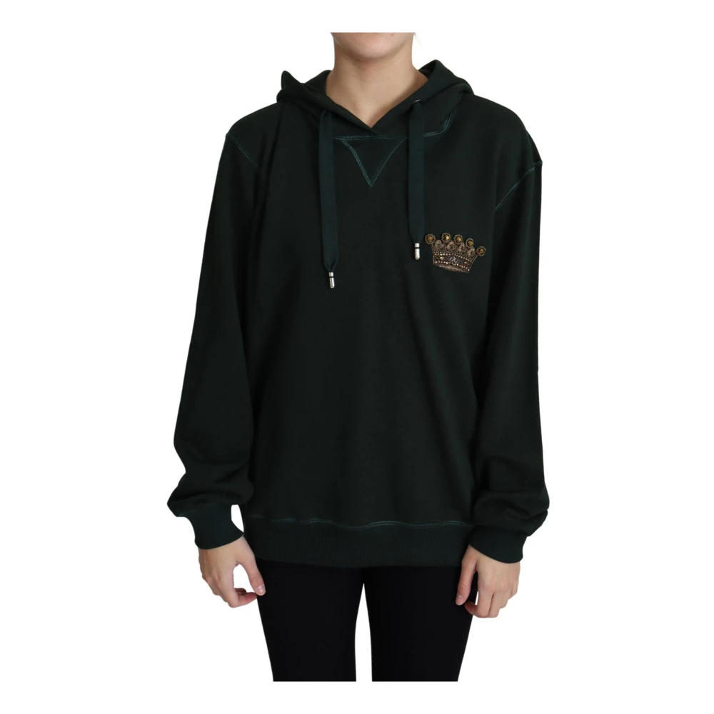 Dolce & Gabbana Donna Verde Hoodie Con Ricamo Di Corona Di Cristallo
