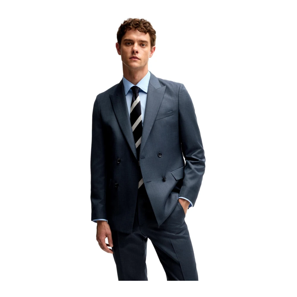 Hugo Boss Slim Fit Wol Double-Breasted Pak Blauw Blue Heren