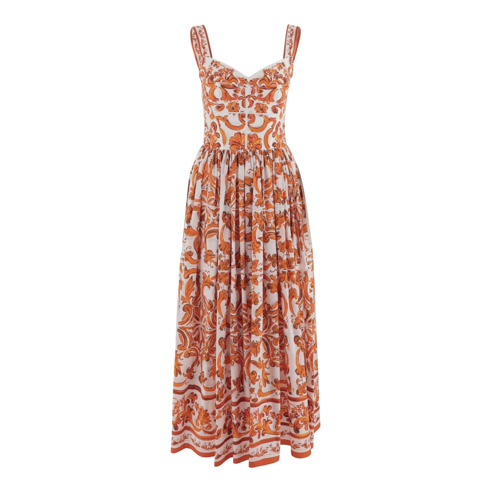 Dolce & Gabbana Multicolor Long Cotton Poplin Dress With Majolica Print - Female - Midi Dresses - S - Dresses