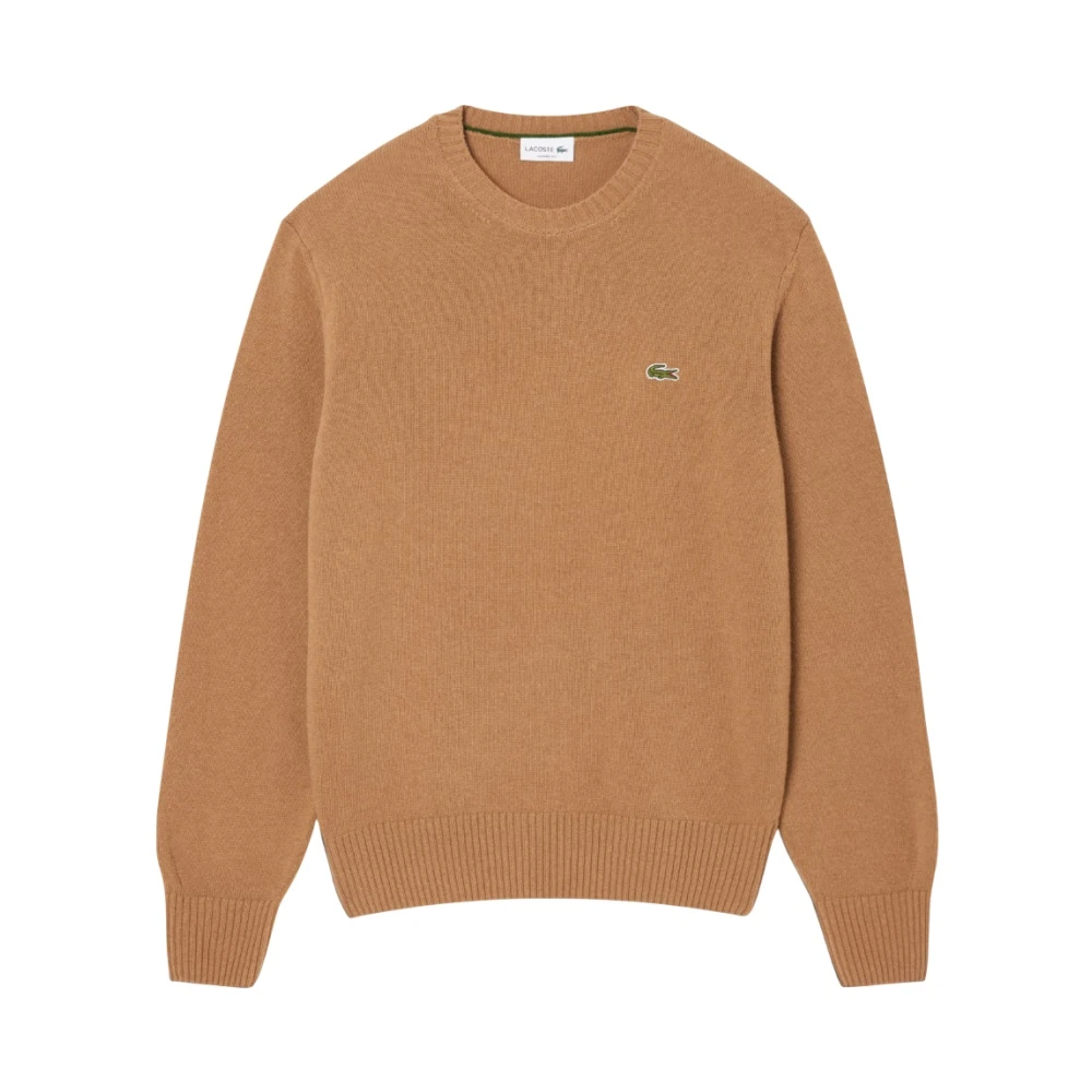 Lacoste Men's Beige Round-Neck Knitwear, L, Carded Wool Crew Neck Jumper