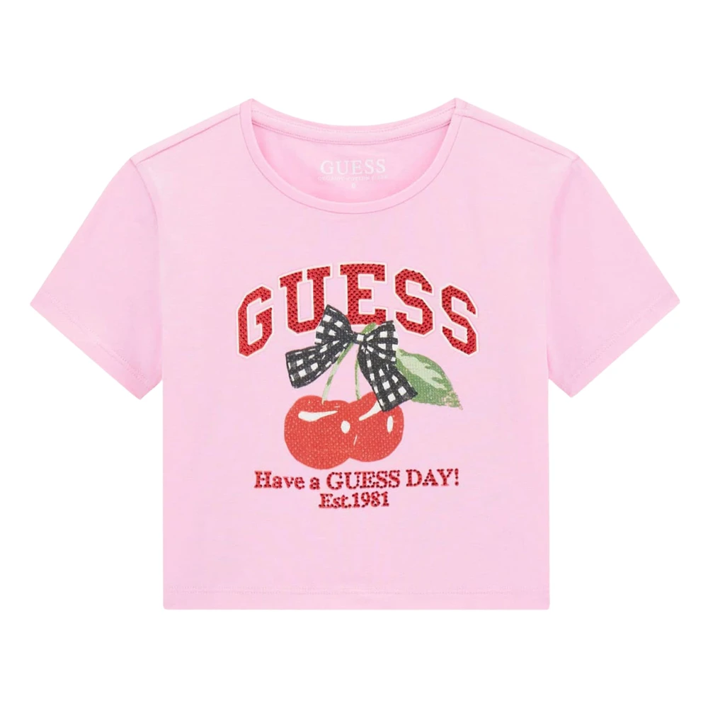 Guess Girls Pink Cropped Cherry T-Shirt - Kids Short Sleeve T-Shirts - 7 Y - Kids